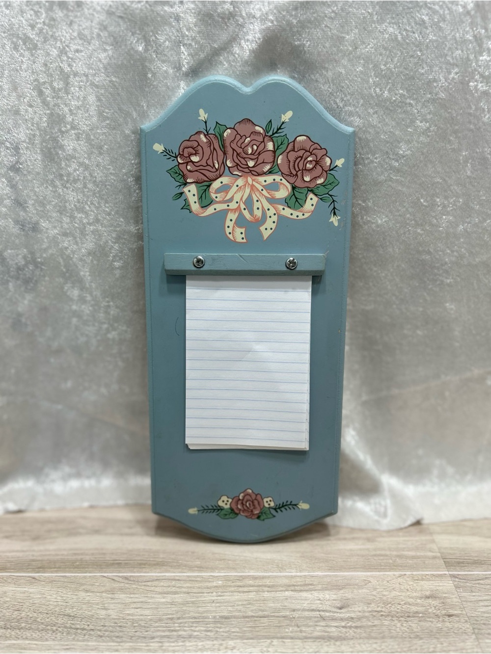 Vintage Blue Floral Wooden Memo Pad Holder Cottagecore Wall Decor